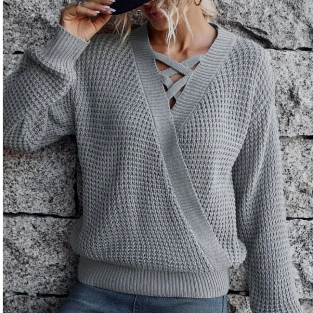 Casual Boho Criss Cross Surplice Neck knit Sweater Top - Picture 6 of 7